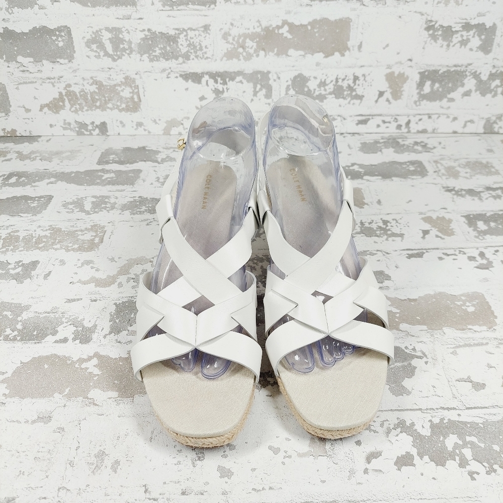 NEW Cole Haan Crystal White Leather Buckle Sling Back Summer Wedge Sandals K131 - Picture 3 of 13